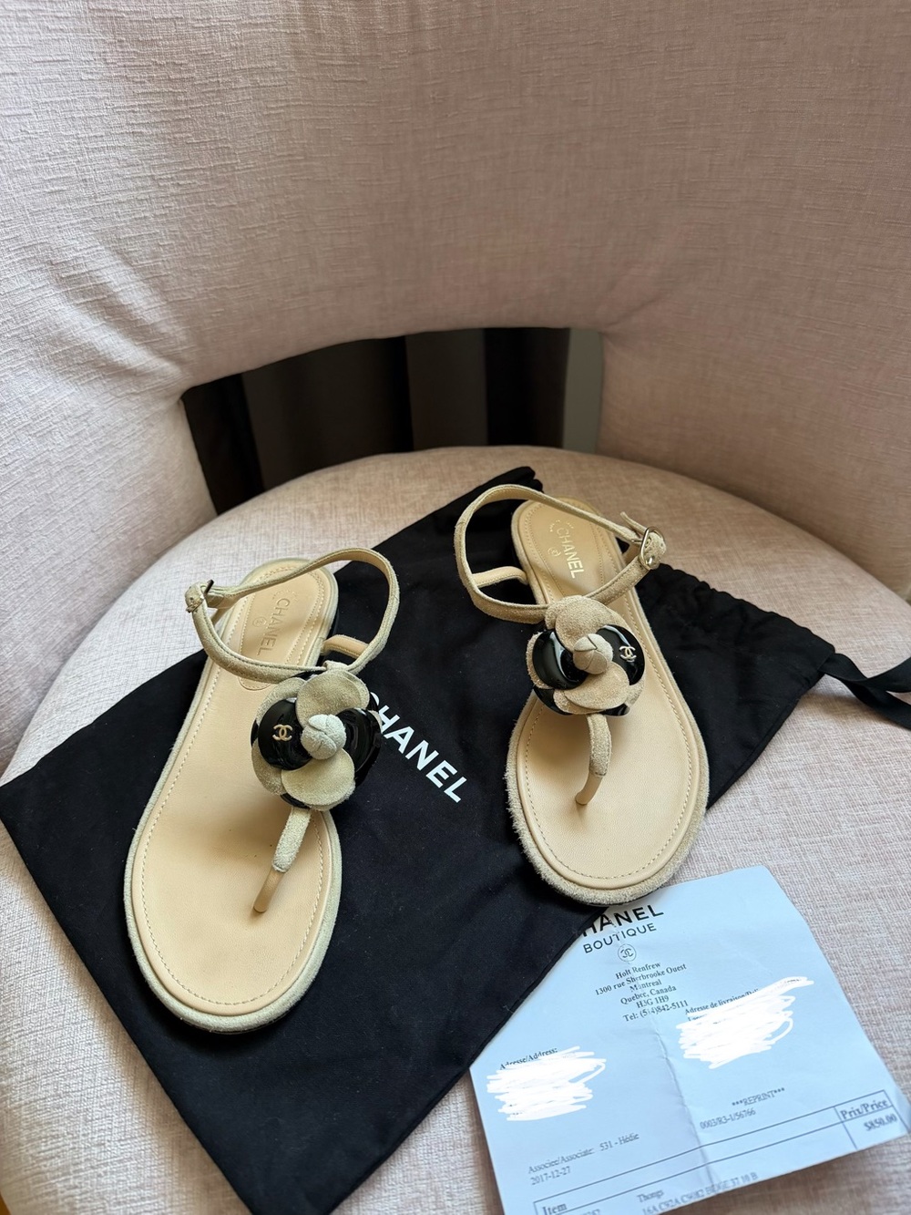 CHANEL Beige Camellia Thong Sandals in beige and patent
